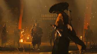 An image from the game Ghost of Yotei, showing a woman unsheathing her sword while facing off against multiple enemies.