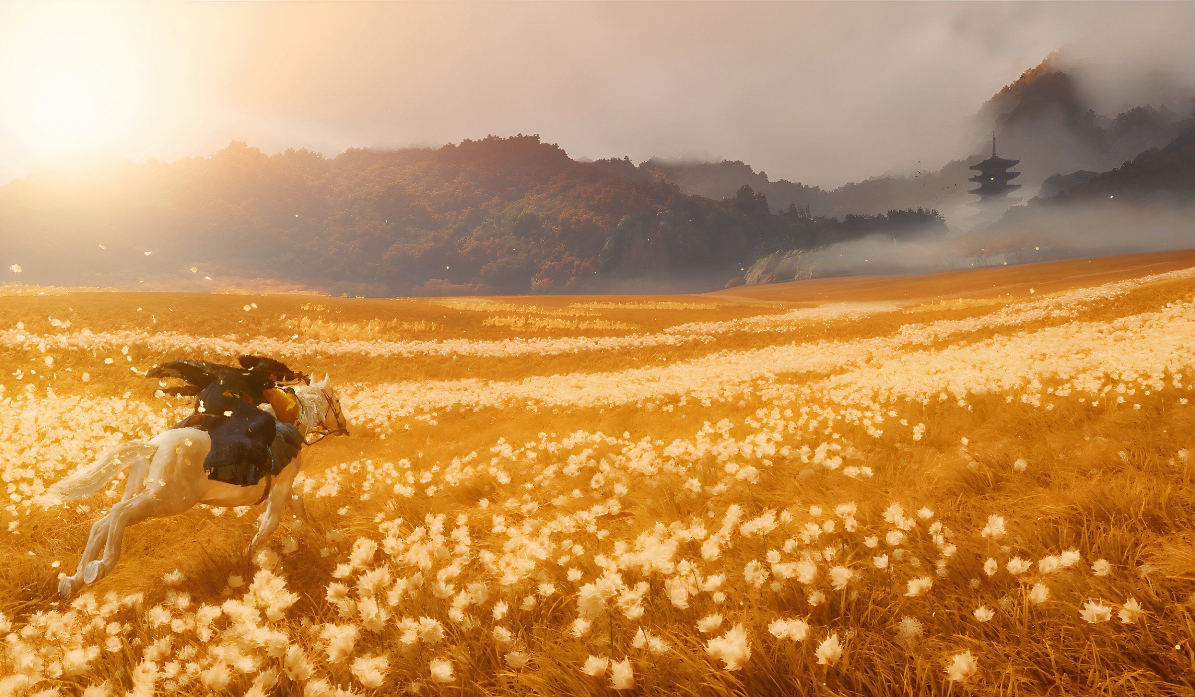 An image from the game Ghost of Yotei, showing a woman riding a white horse through a glowing field of beautiful flowers.