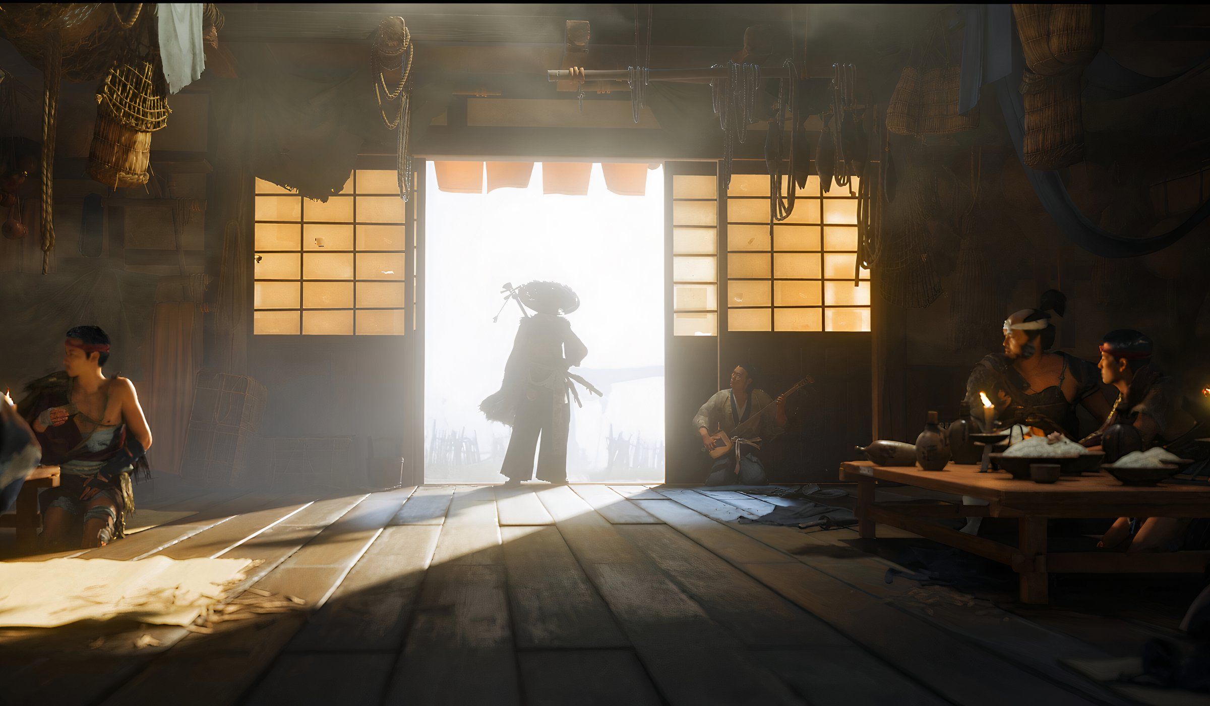 An image from the game Ghost of Yotei, showing a silhoutted figure entering a shop.