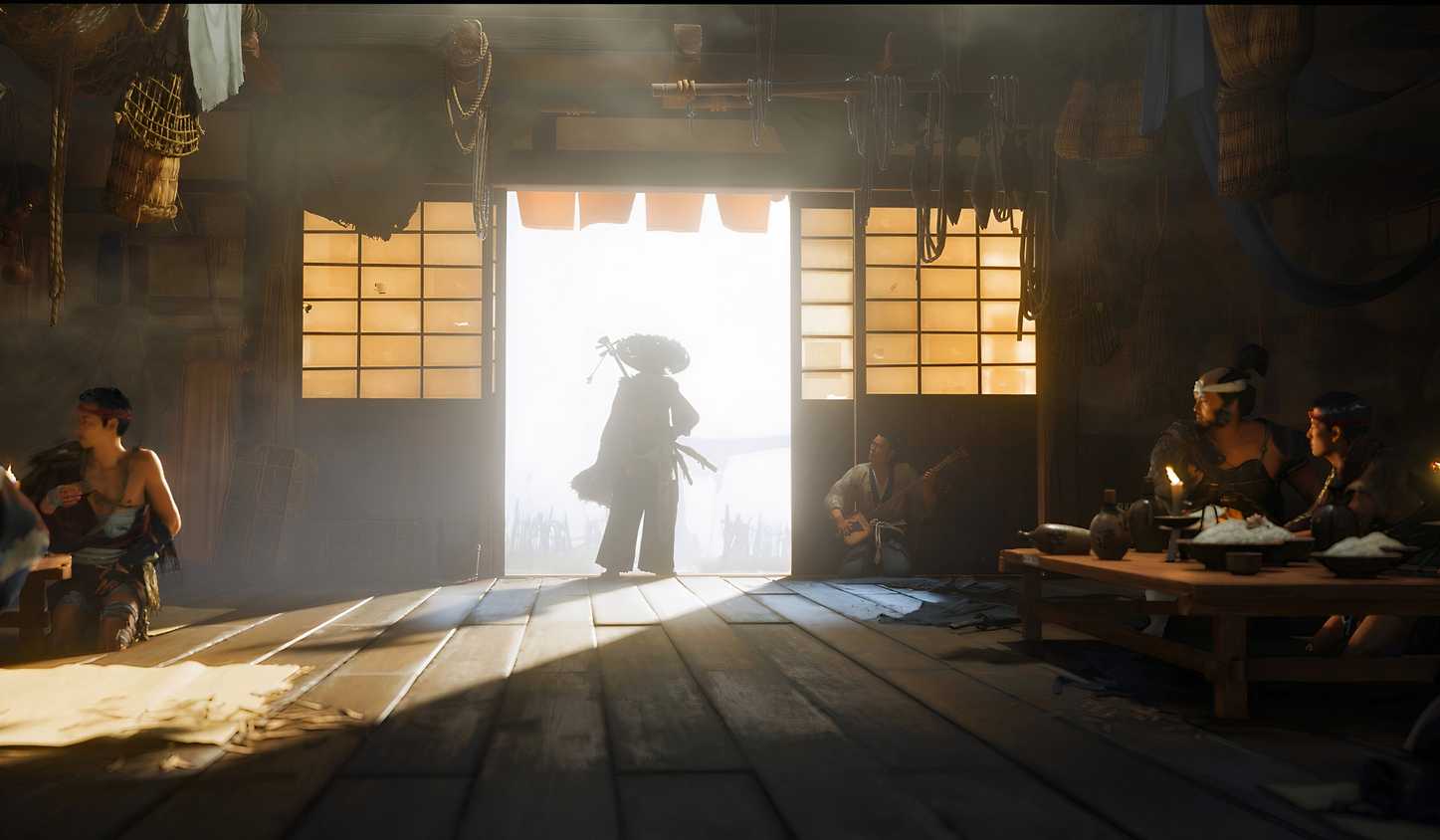 An image from the game Ghost of Yotei, showing a silhoutted figure entering a shop.