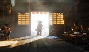 An image from the game Ghost of Yotei, showing a silhoutted figure entering a shop.