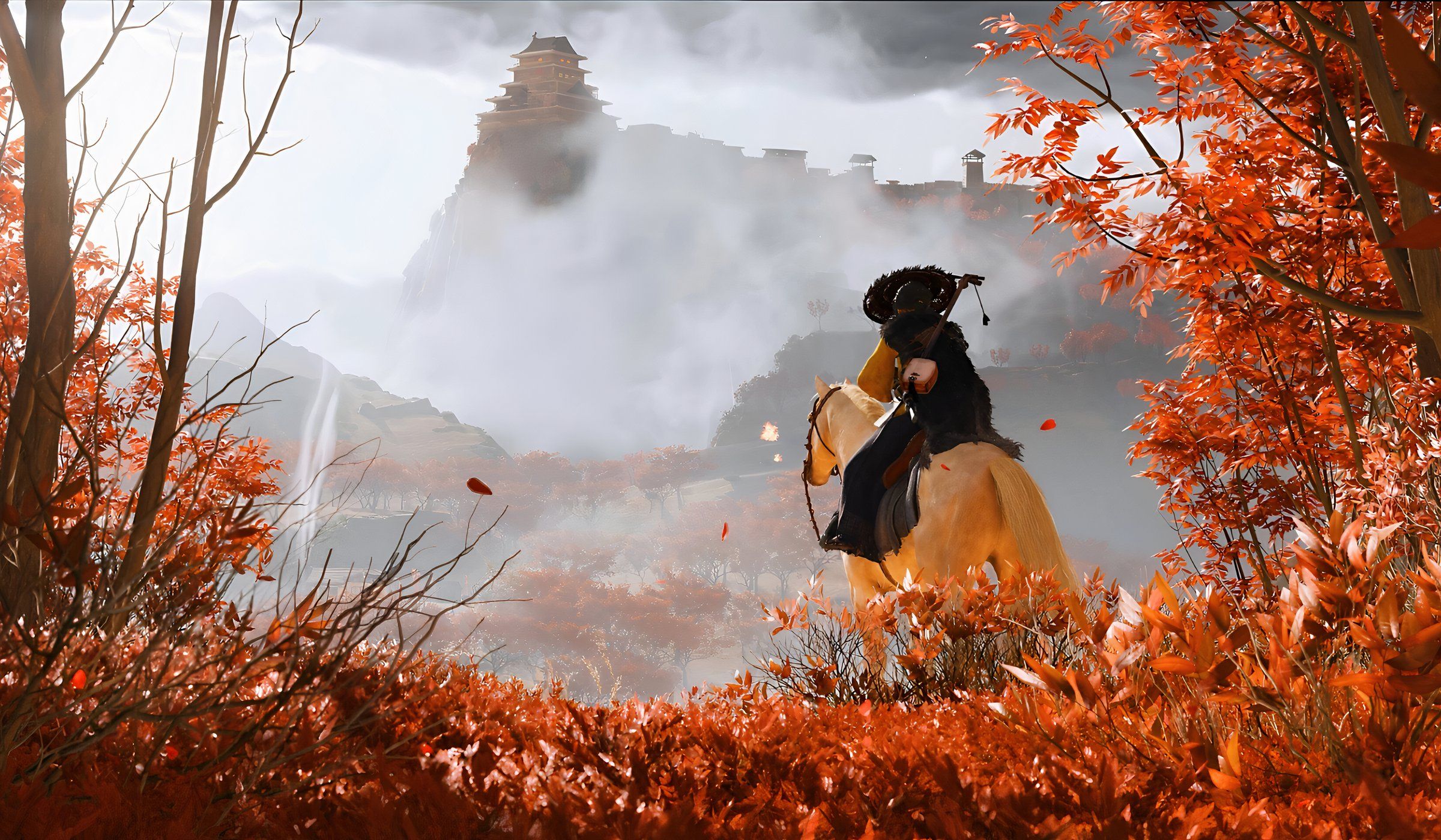 An image from the game Ghost of Yotei, showing a woman sitting atop a white horse, with red vegetation around them.