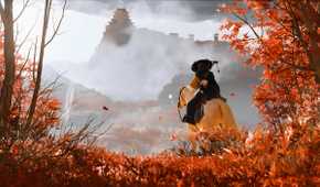 An image from the game Ghost of Yotei, showing a woman sitting atop a white horse, with red vegetation around them.