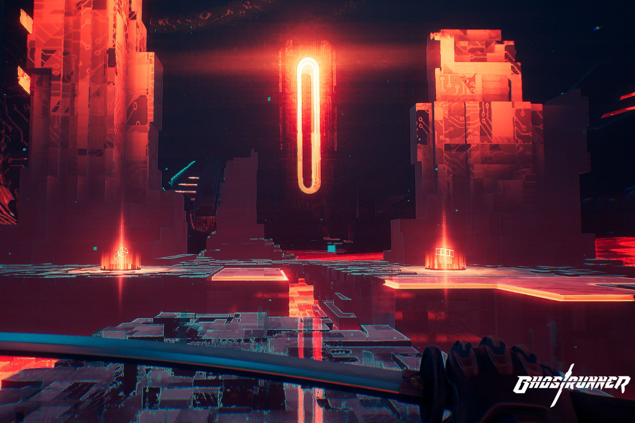 An image from the game Ghostrunner, showing the player holding a sword and platforming across cybernetic, neon-lit platforms.