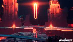 An image from the game Ghostrunner, showing the player holding a sword and platforming across cybernetic, neon-lit platforms.