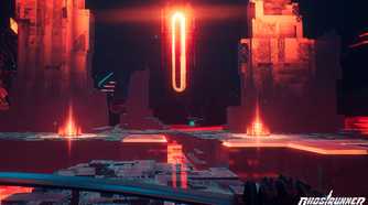 An image from the game Ghostrunner, showing the player holding a sword and platforming across cybernetic, neon-lit platforms.