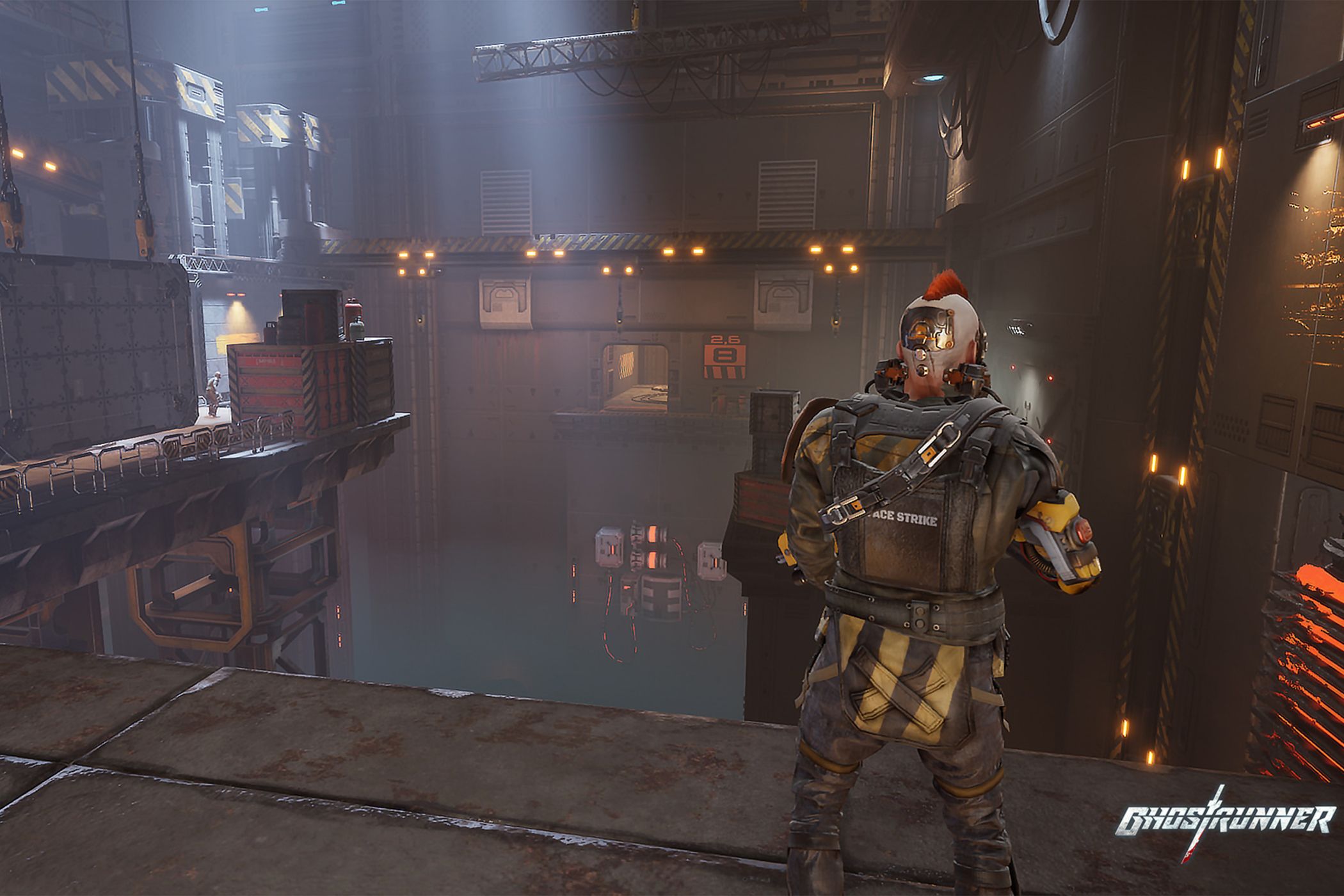 An image from the game Ghostrunner, showing a hostile enemy standing on a metal walkway.