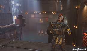 An image from the game Ghostrunner, showing a hostile enemy standing on a metal walkway.