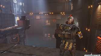 An image from the game Ghostrunner, showing a hostile enemy standing on a metal walkway.