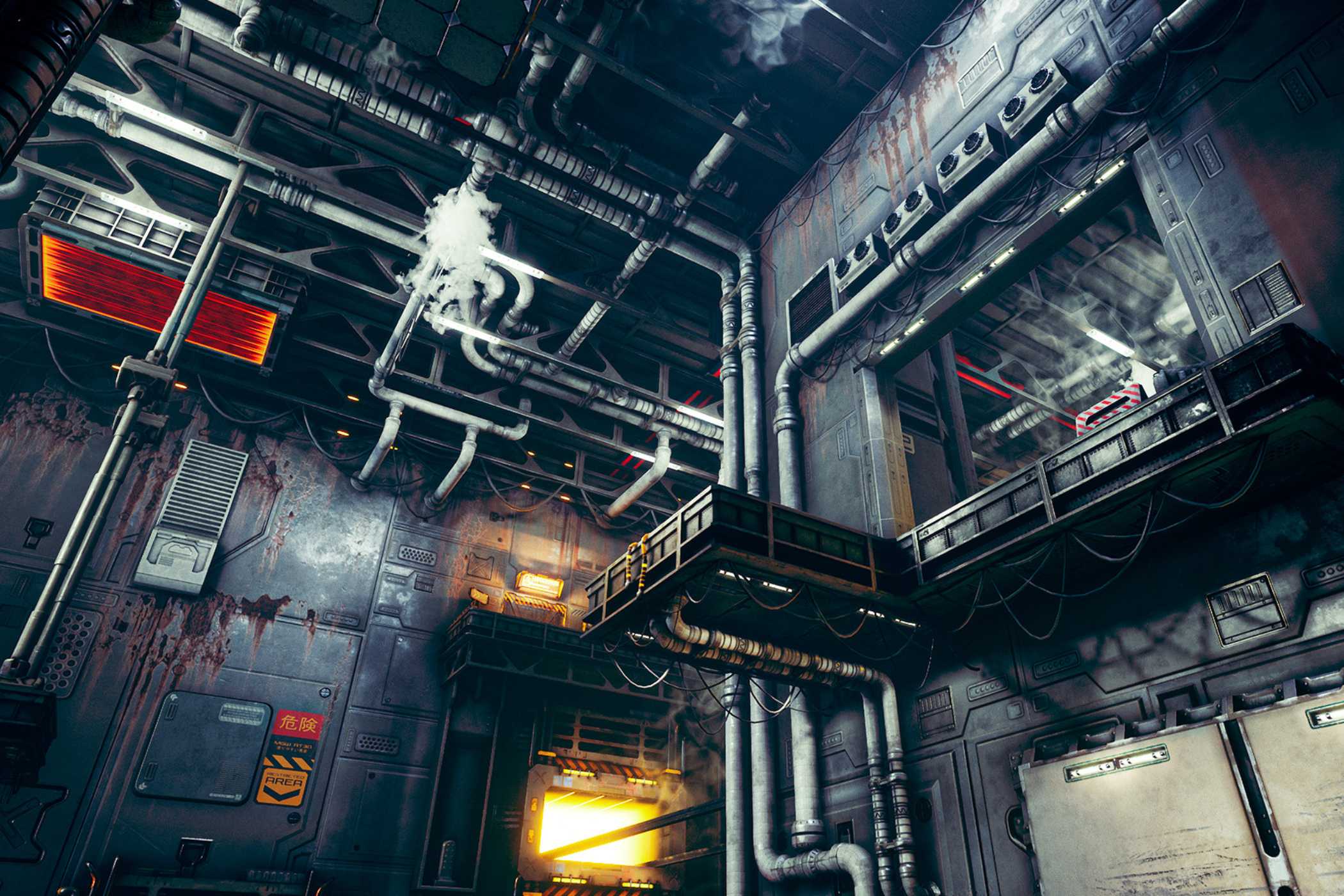 An image from the game Ghostrunner, showing a megastructure's interiors.