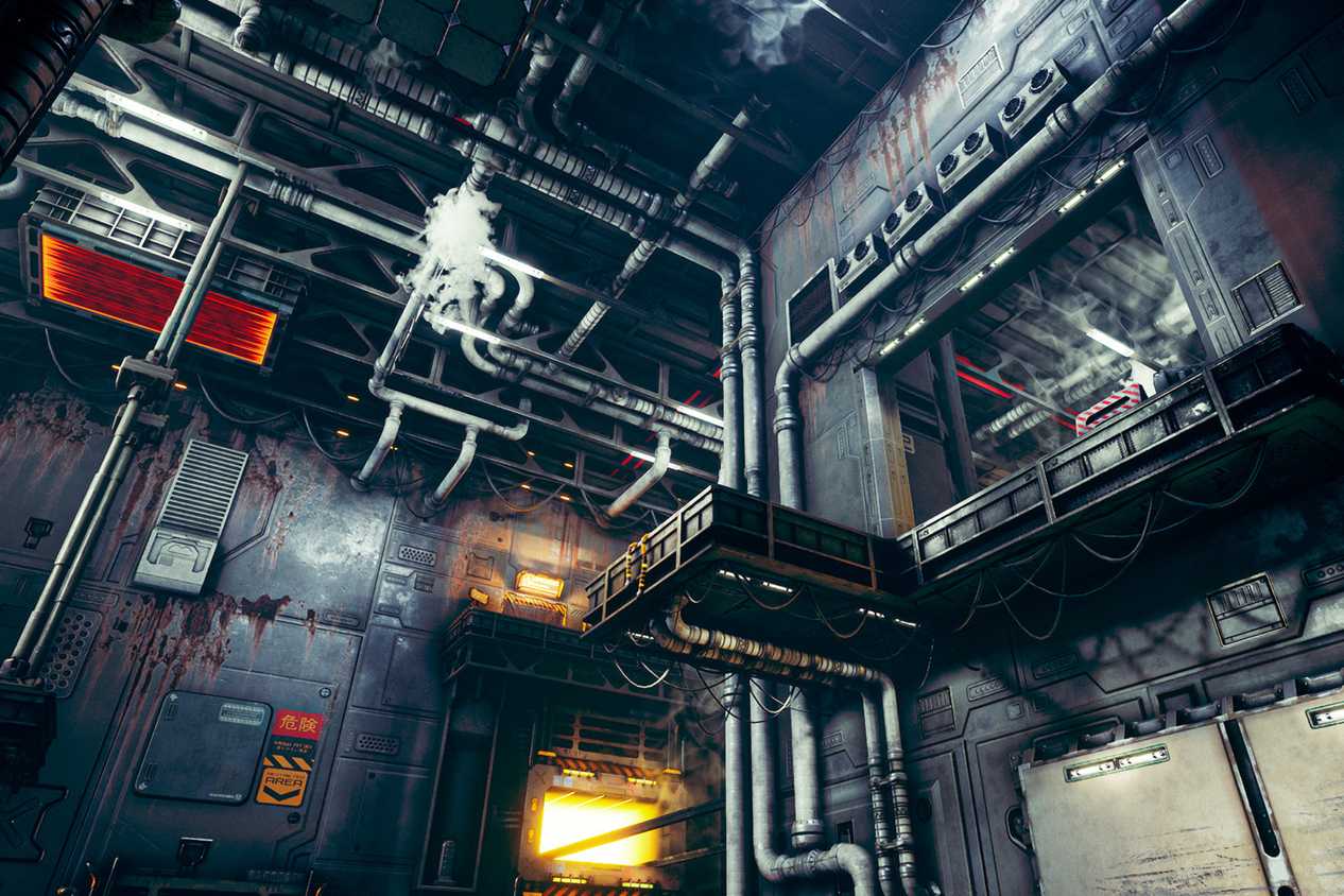 An image from the game Ghostrunner, showing a megastructure's interiors.