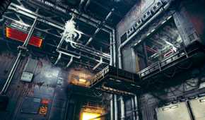 An image from the game Ghostrunner, showing a megastructure's interiors.