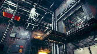 An image from the game Ghostrunner, showing a megastructure's interiors.