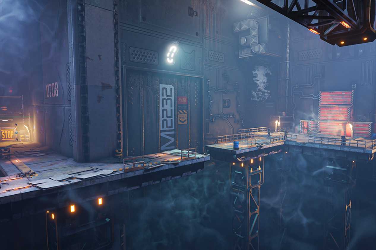 An image from the game Ghostrunner, showing the game's platforms to run and jump across.