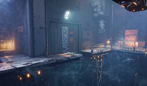 An image from the game Ghostrunner, showing the game's platforms to run and jump across.