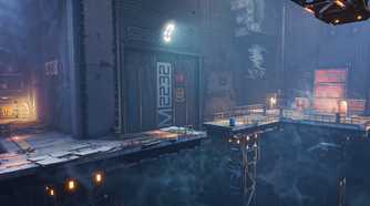 An image from the game Ghostrunner, showing the game's platforms to run and jump across.