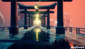 An image from the game Ghostrunner, showing the player running through shrine-like gates.