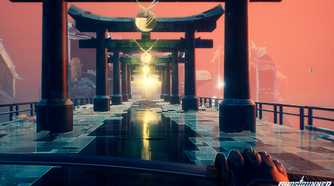 An image from the game Ghostrunner, showing the player running through shrine-like gates.