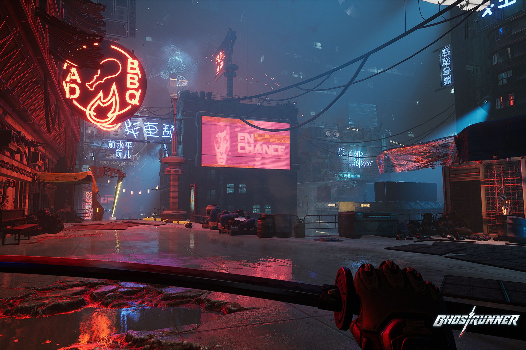 An image from the game Ghostrunner, showing the player holding a sword in a neon-lit cityscape.