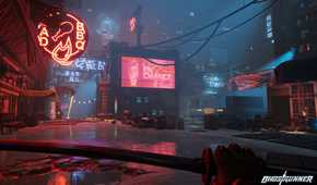 An image from the game Ghostrunner, showing the player holding a sword in a neon-lit cityscape.