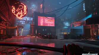 An image from the game Ghostrunner, showing the player holding a sword in a neon-lit cityscape.