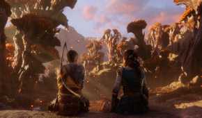 An image from the game God of War Ragnarok, showing Atreus and Angrboda sitting in Ironwood, a mythical forest.