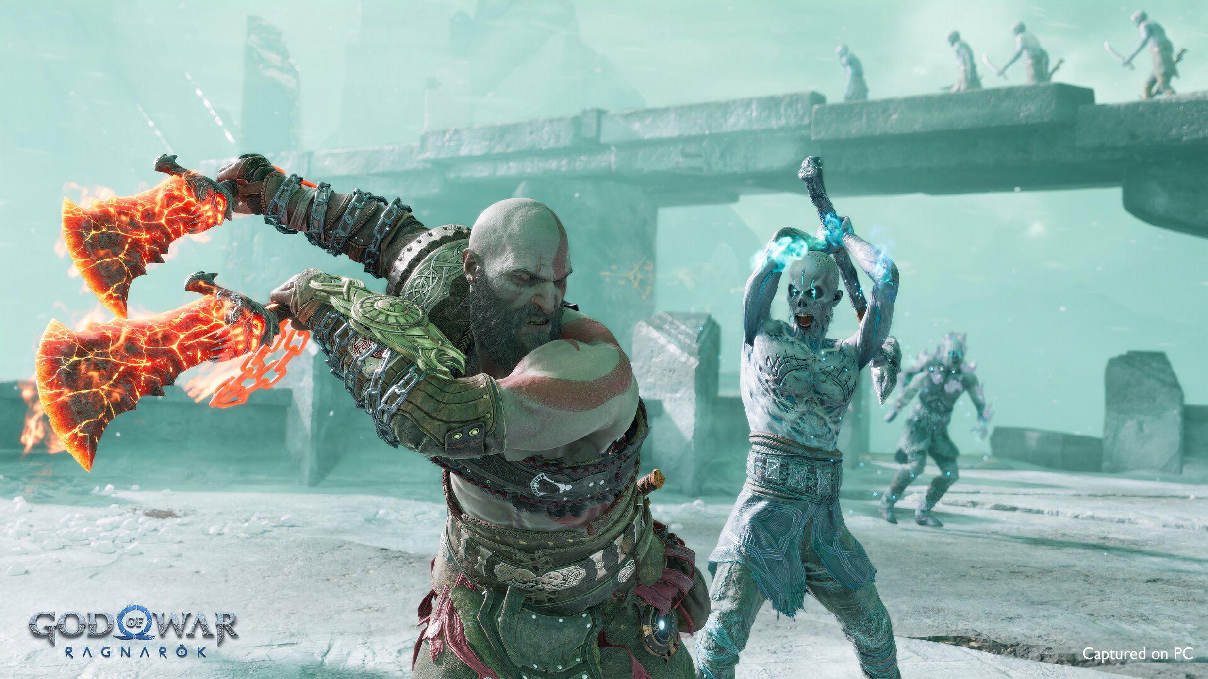An image from the game God of War Ragnarok, showing Kratos in combat.