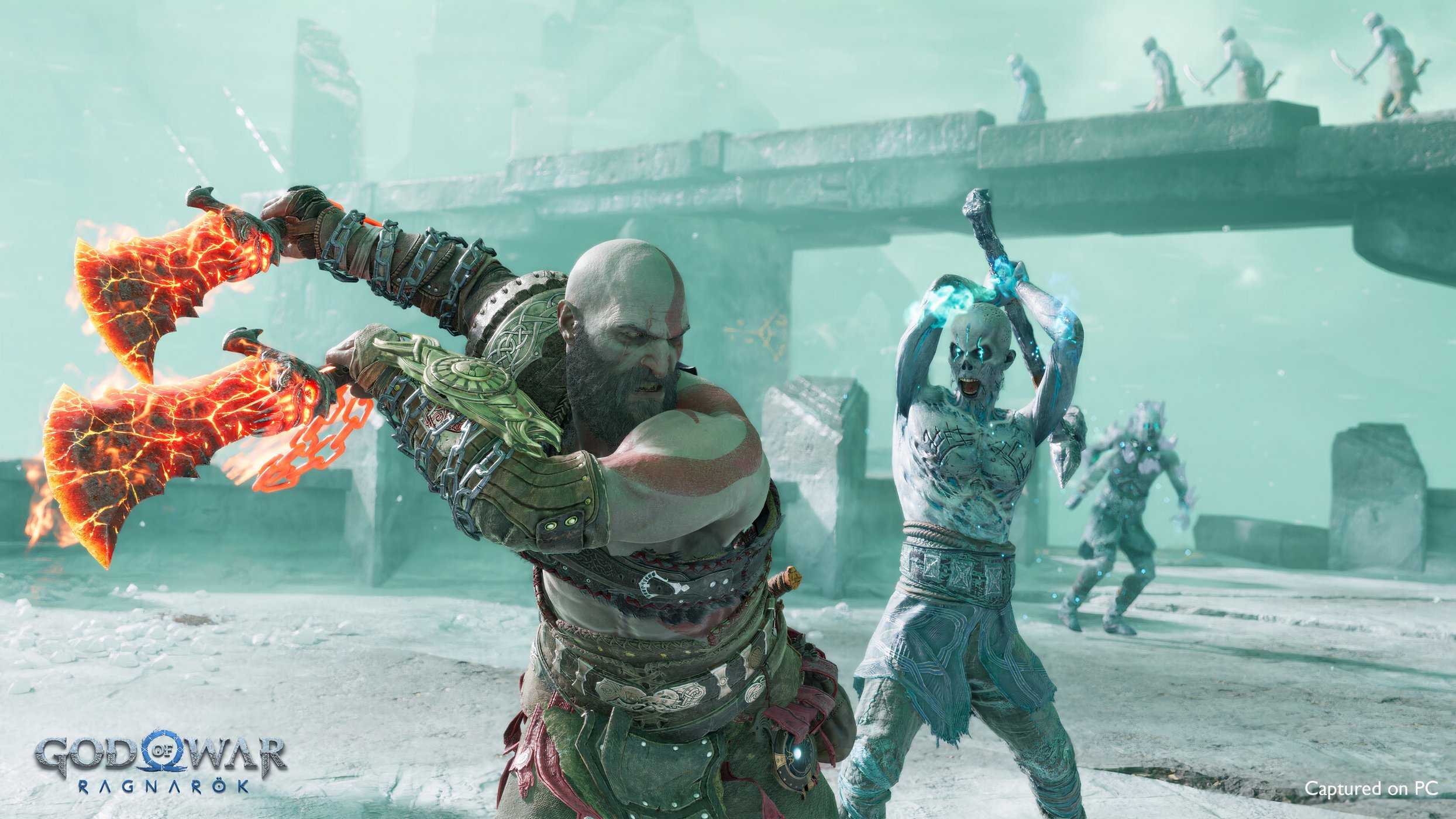 An image from the game God of War Ragnarok, showing Kratos in combat.