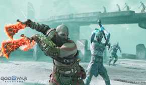 An image from the game God of War Ragnarok, showing Kratos in combat.