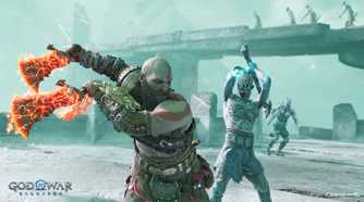 An image from the game God of War Ragnarok, showing Kratos in combat.