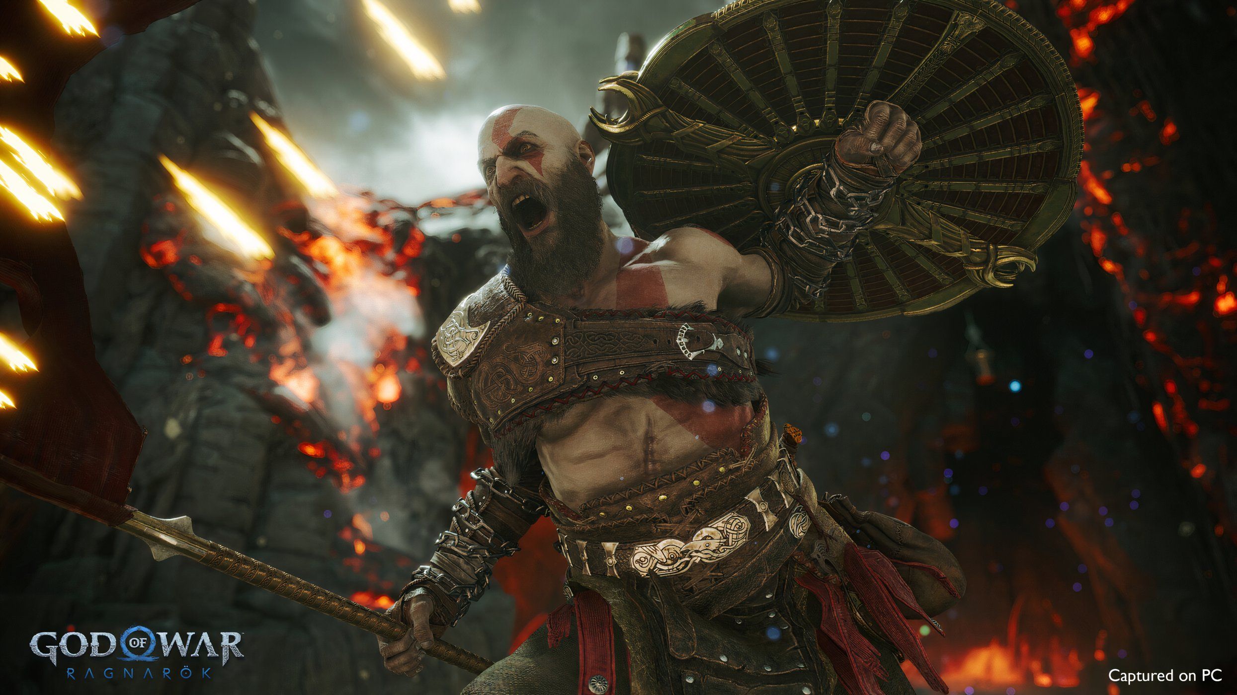 An image from the game God of War Ragnarok, showing Kratos yelling and charging ahead with his shield raised.
