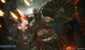 An image from the game God of War Ragnarok, showing Kratos yelling and charging ahead with his shield raised.