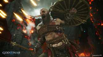 An image from the game God of War Ragnarok, showing Kratos yelling and charging ahead with his shield raised.
