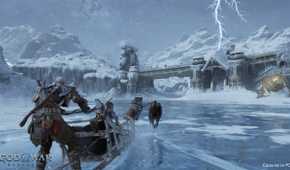 An image from the game God of War Ragnarok, showing Kratos and his son on a sled pulled by two wolves across an icy lake.