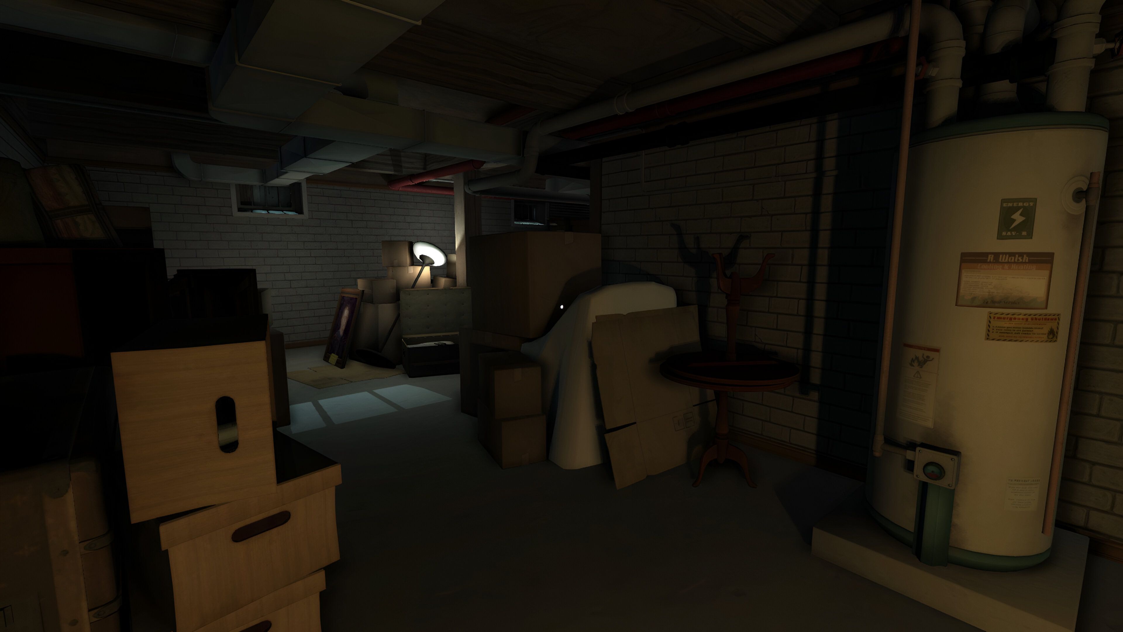 An image from the game Gone Home, showing a dimly-lit basement.