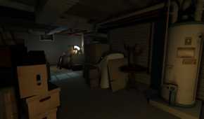 An image from the game Gone Home, showing a dimly-lit basement.
