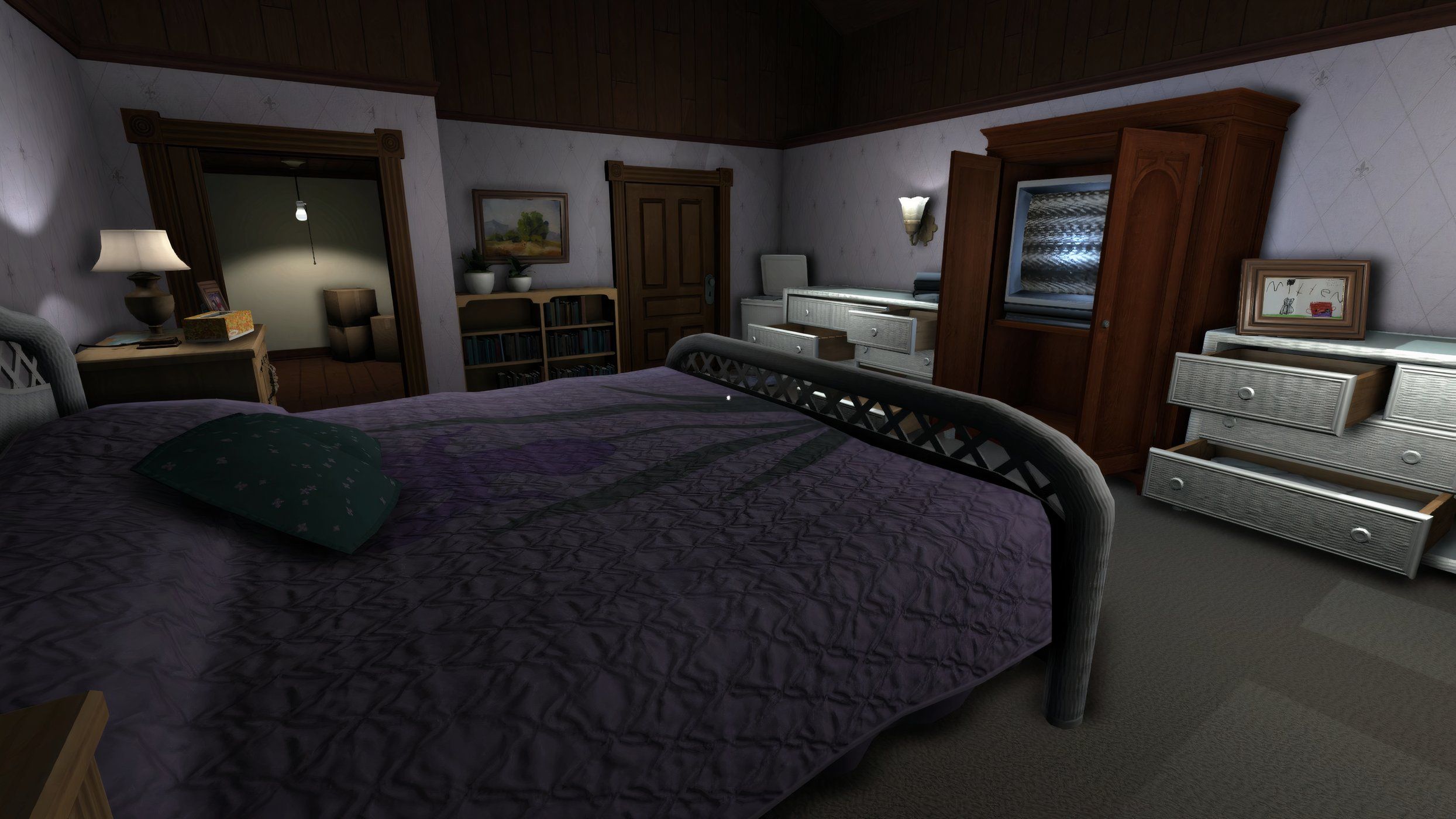An image from the game Gone Home, showing a bedroom with a huge bed.