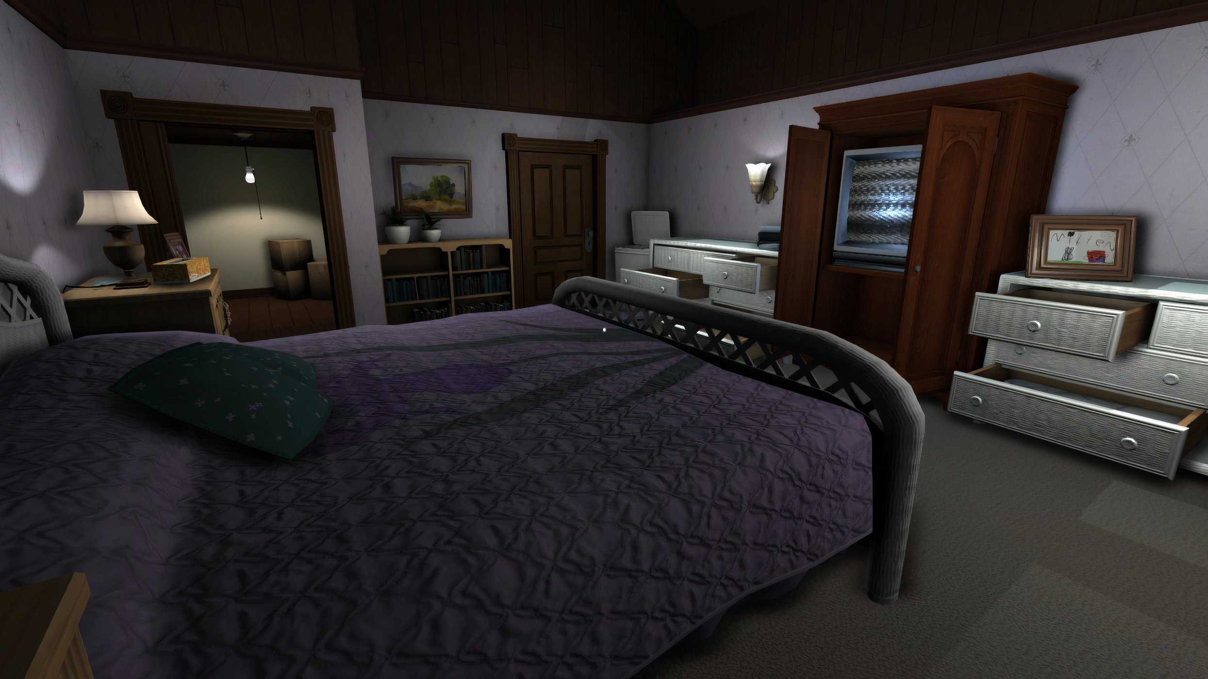 An image from the game Gone Home, showing a bedroom with a huge bed.