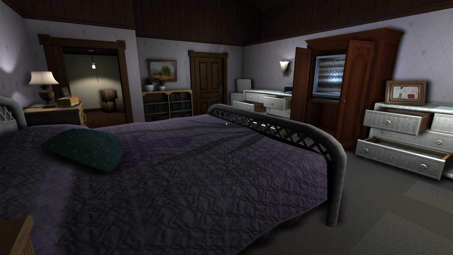 An image from the game Gone Home, showing a bedroom with a huge bed.