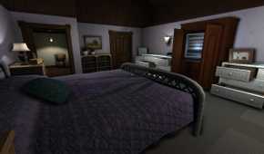 An image from the game Gone Home, showing a bedroom with a huge bed.
