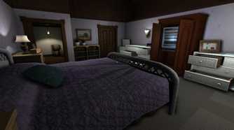 An image from the game Gone Home, showing a bedroom with a huge bed.