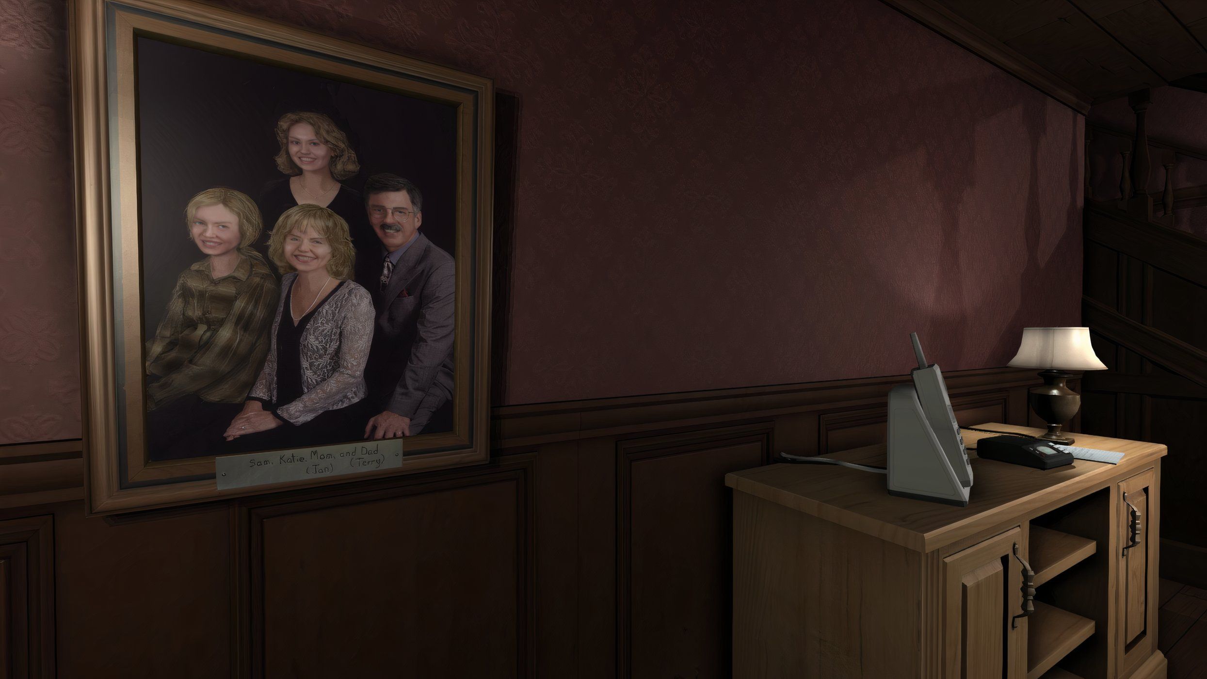 An image from the game Gone Home, showing a family photograph hanging on the wall.