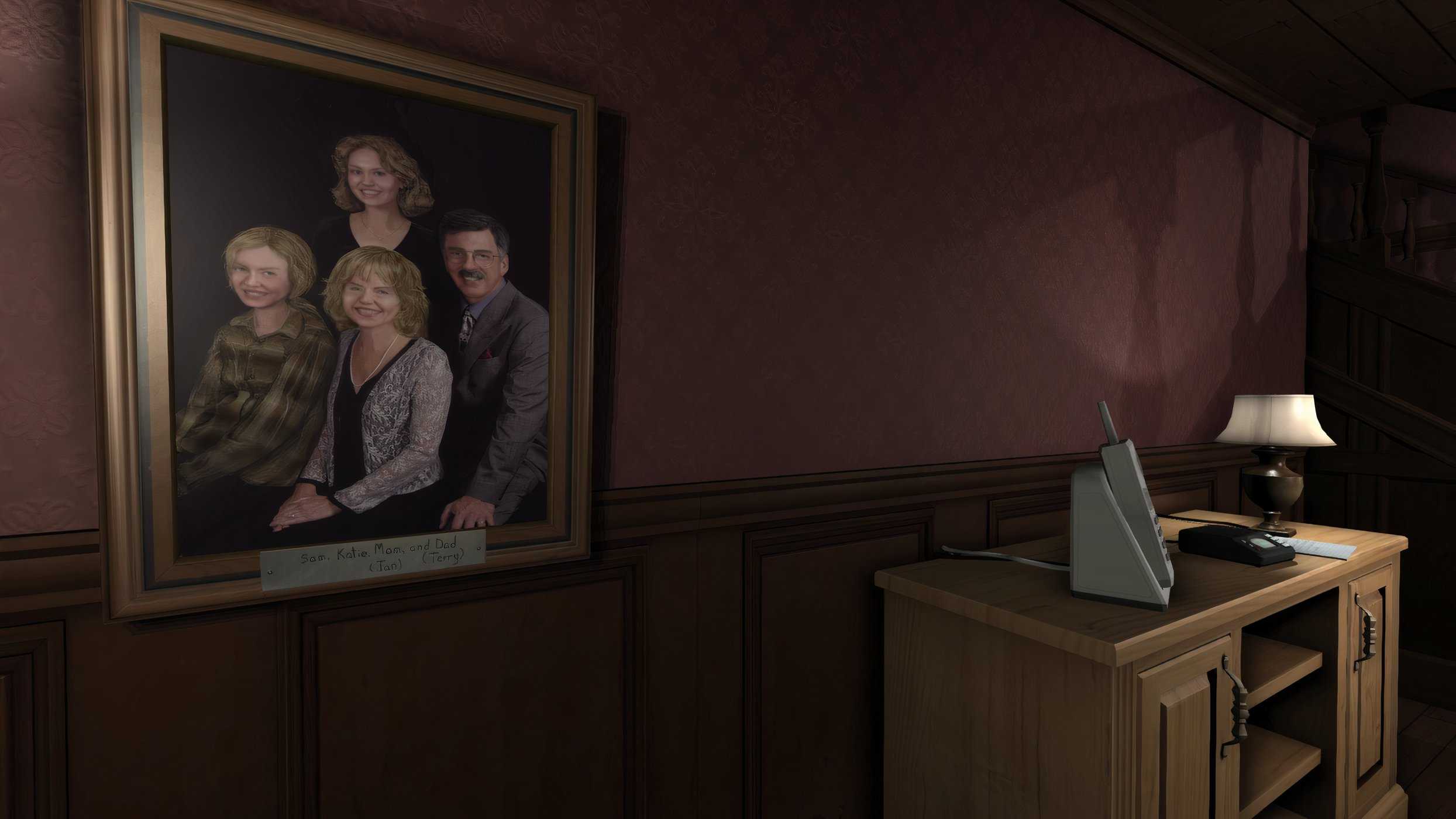 An image from the game Gone Home, showing a family photograph hanging on the wall.