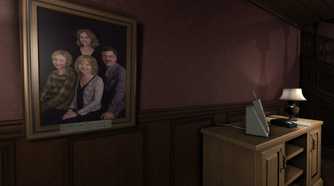 An image from the game Gone Home, showing a family photograph hanging on the wall.