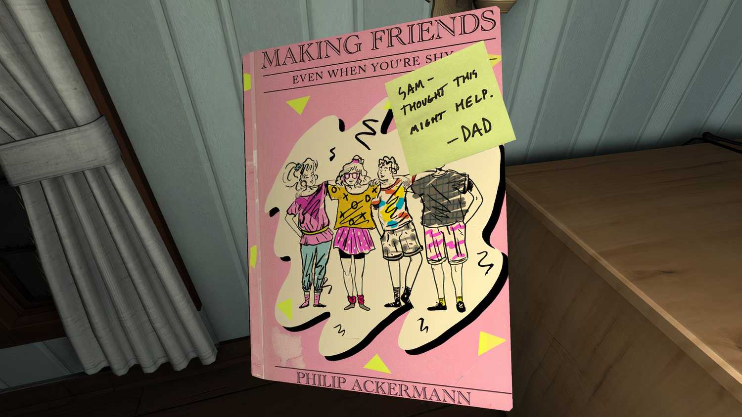 An image from the game Gone Home, showing a pink-covered book.