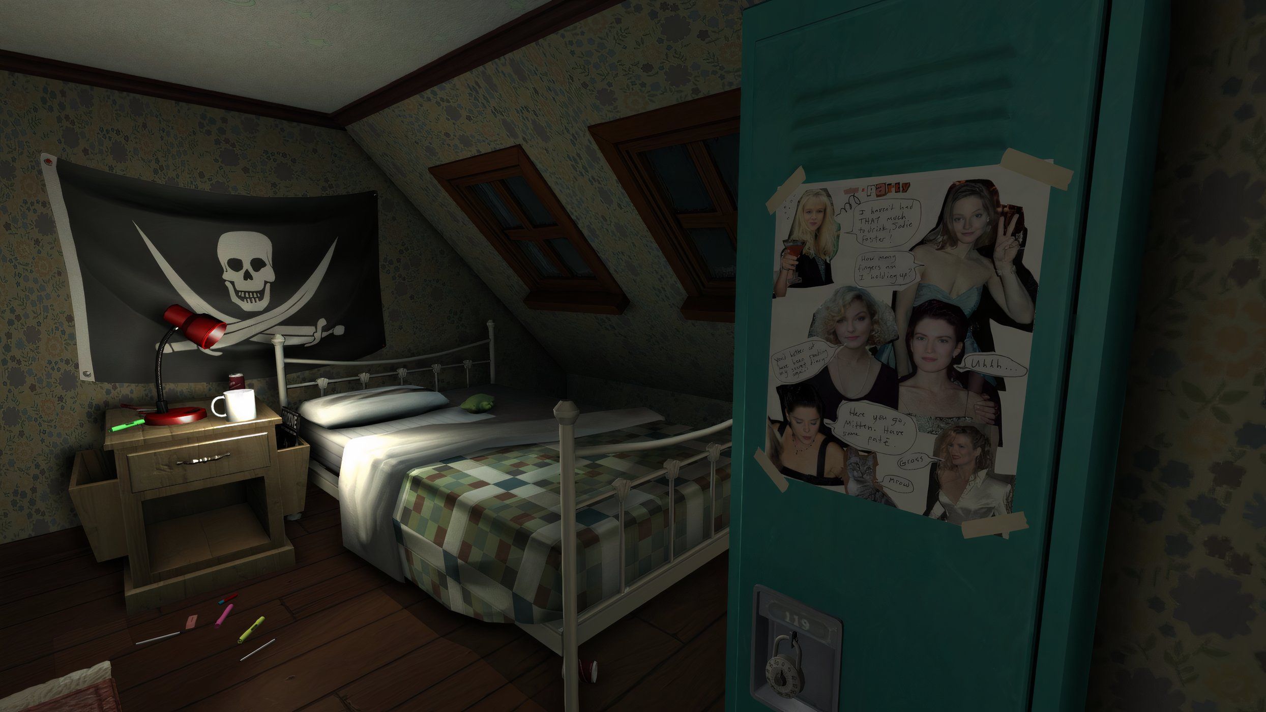 An image from the game Gone Home, showing a teenager's bedroom with posters on a locker and a pirate flag above the bed.