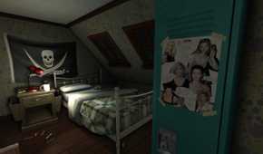 An image from the game Gone Home, showing a teenager's bedroom with posters on a locker and a pirate flag above the bed.