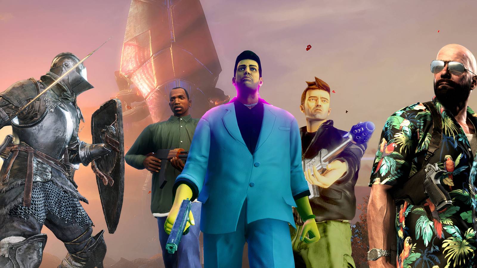 An image of characters from Dark Souls, Grand Theft Auto, and Max Payne.