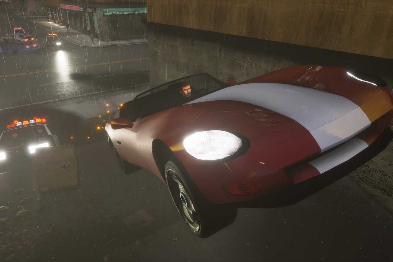 An image of the player in GTA 3 riding a red and white car while the cops chase.