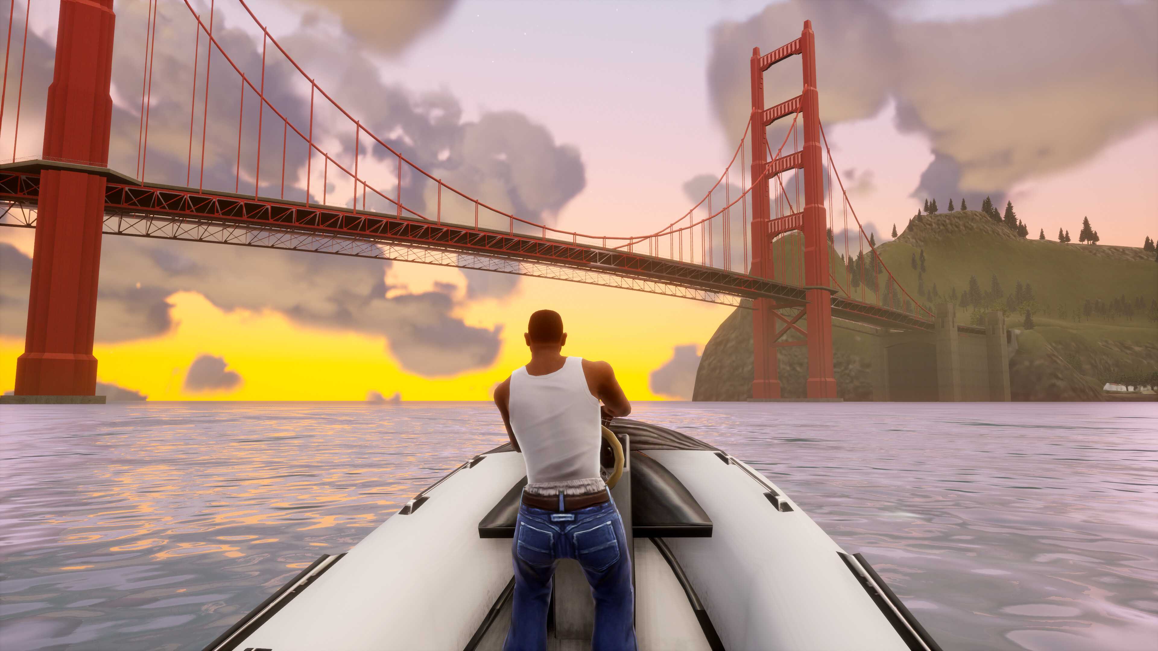 A screenshot from the game "GTA San Andreas: Definitive Edition", showing CJ driving a boat while wearing a vest and a pair of jeans.